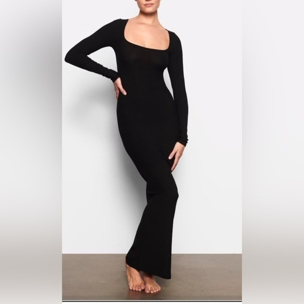 SKIMS Soft Lounge Long Sleeve Dress Onyx Black Ribbed Maxi XS SKM0875296